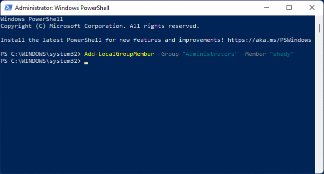 Run Command in Windows PowerShell to Change User to Administrator.