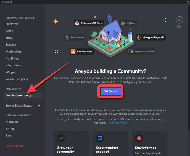 Under the "Community" section, select "Enable Community" on the left and click "Get Started" on the right-hand side.
