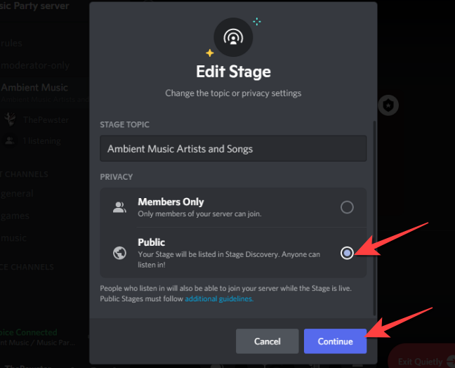 Select the "Public" setting under the Privacy section to switch it to a Public Stage event and select "Continue."
