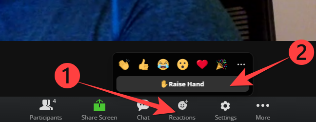 Select the "Reactions" button and choose the "Raise Hand" option in Zoom for Web.