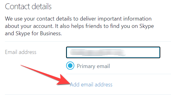 Select the "Add email address" link to your Skype profile.
