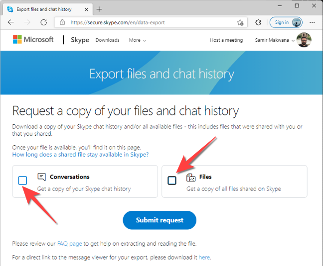 Select the checkboxes for Conversations and Files shared in Skype profile.