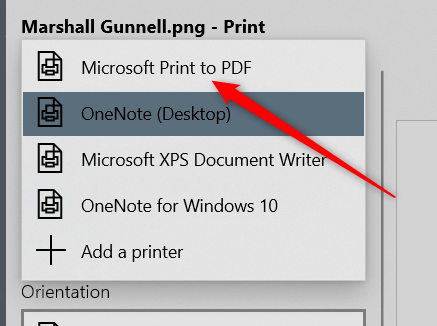 Select the "Microsoft Print to PDF" option.