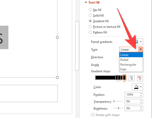 First, select the drop-down next to "Type" and choose between "Linear," "Radial," "Rectangular," or "Path."