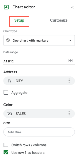 Setup tab to edit the map chart in Google Sheets