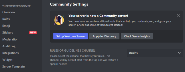Discord shows you a banner notifying you that "Your server is now a Community Server."