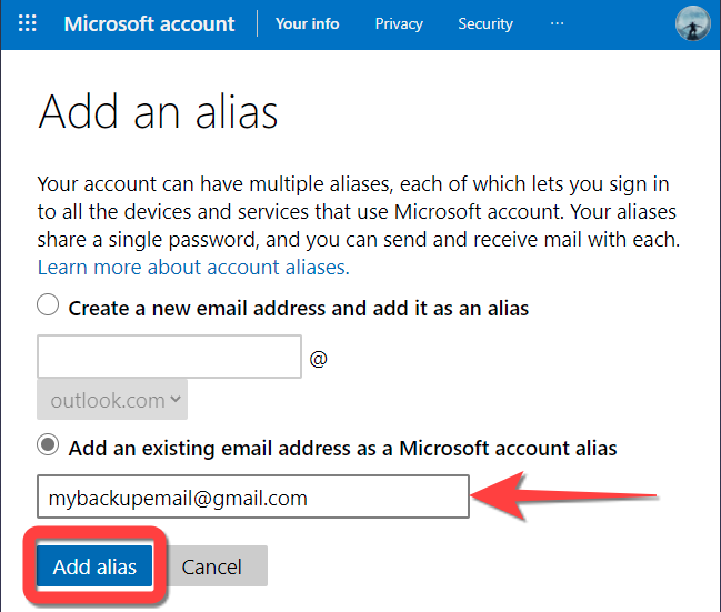 Type in the email address and select "Add Alias" button.