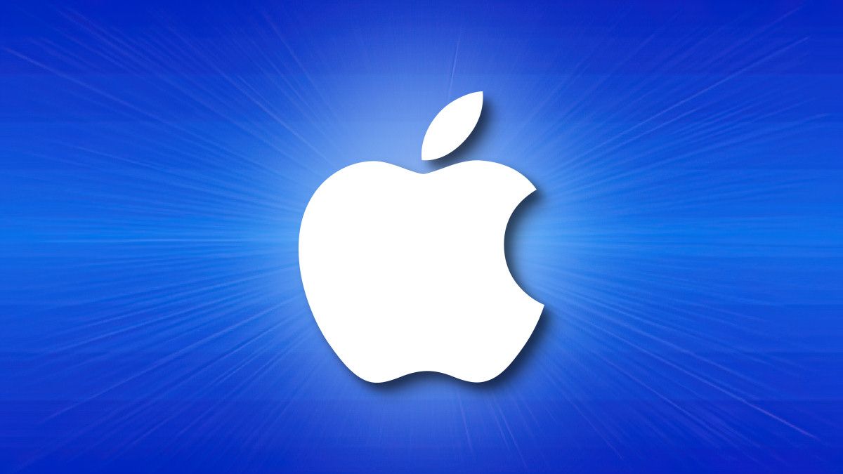 The Apple logo on a blue background with horizontal lines