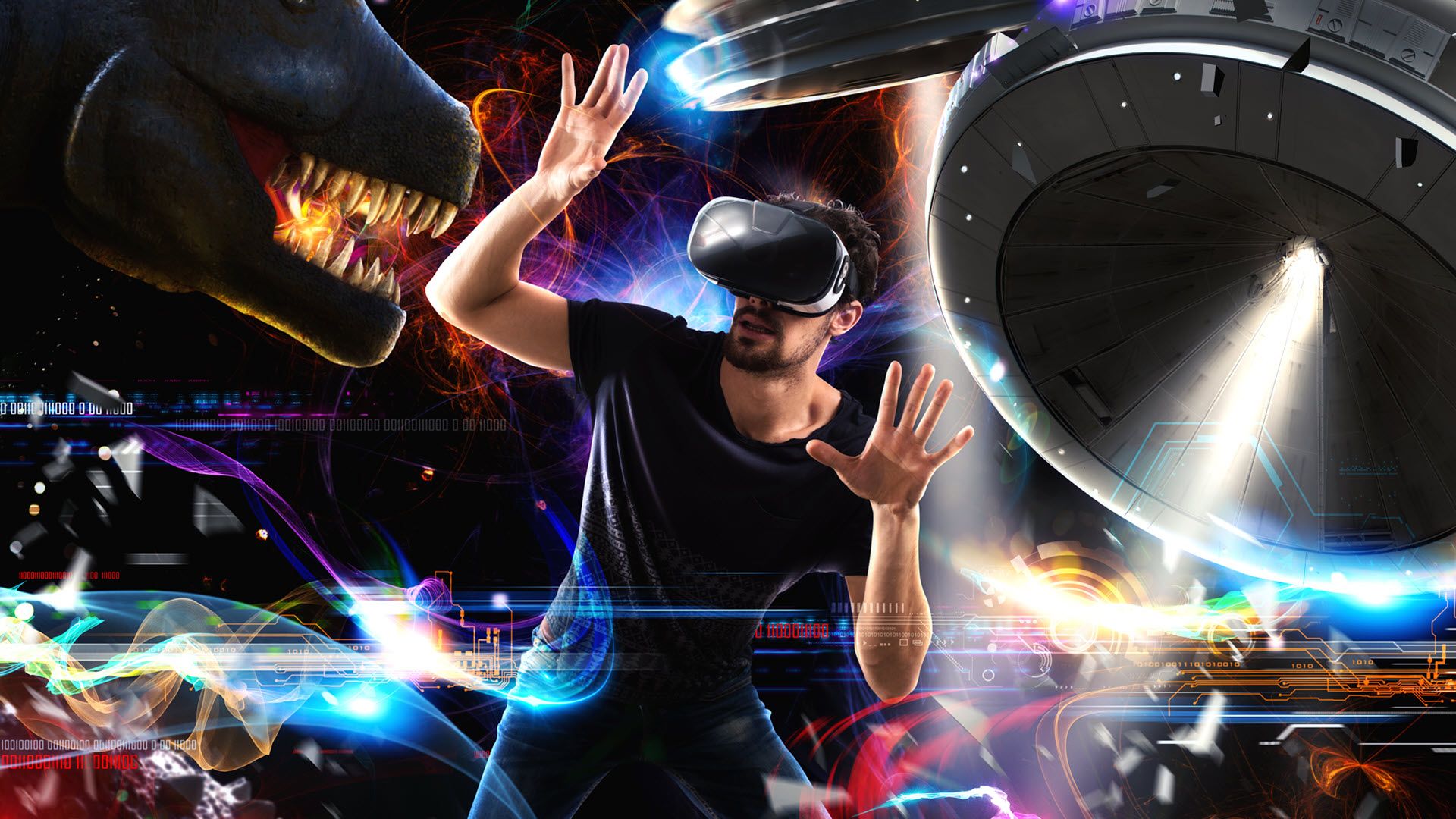 A man playing VR with the virtual world imposed behind him.