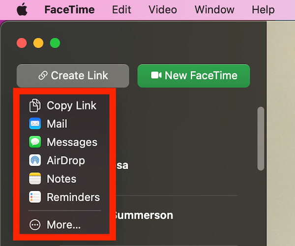 Choose how you would like to share the FaceTime link on your Mac