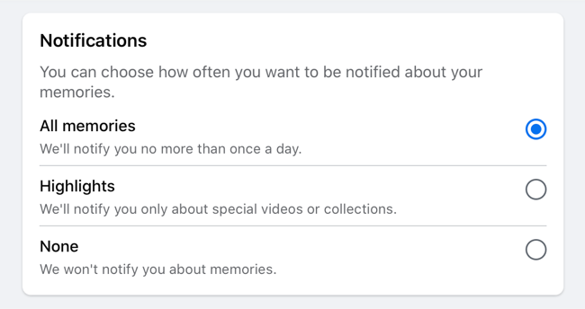 Facebook Memories Notifications toggle