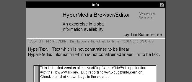 The "Info" box for the WorldWideWeb browser on NeXTSTEP.