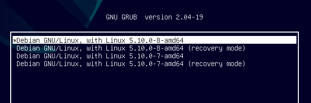 Two kernels with recovery mode options listed as boot options in GRUB on Debian 11