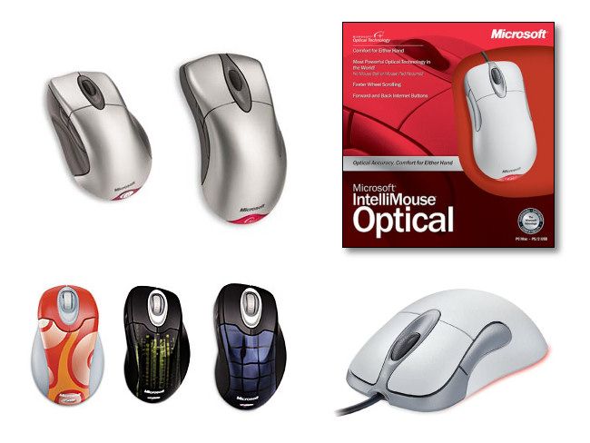 Various Microsoft Intellimouse models over time.