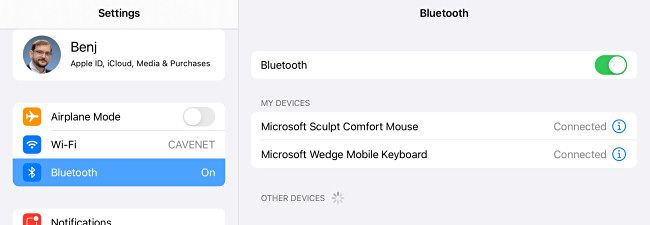 Linking mouse and keyboard in iPad Bluetooth Settings.