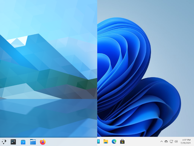 Split-screen comparison of KDE Neon and Windows 11, respectively.