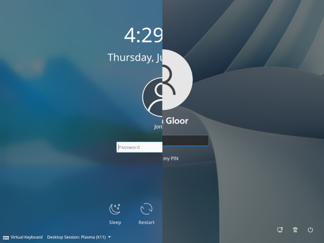 A split-screen comparison of KDE Neon login screen and Windows 11 login screen.
