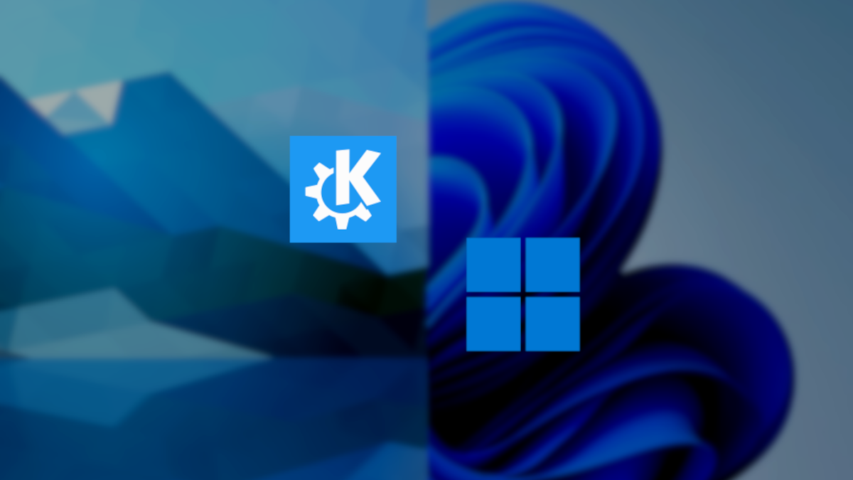 KDE and Windows 11 logos over split screen image of desktop backgrounds