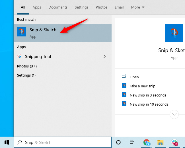 The &quot;Snip &amp; Sketch&quot; application shortcut in Windows 10's Start menu.