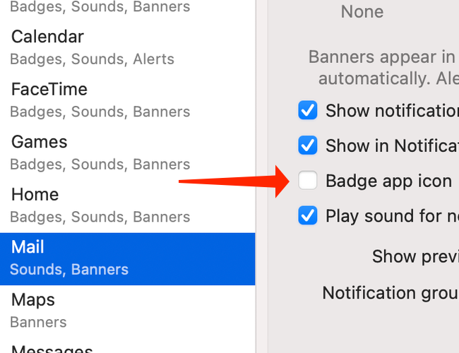 Select any app that's been showing you notification badges and in the right pane, uncheck "Badge App Icon."