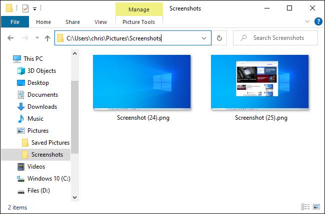 The folder where Windows 10 stores screenshots.