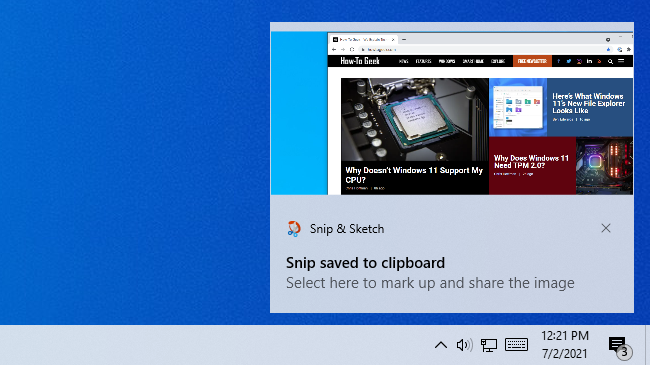 The Snip &amp; Sketch app's screenshot notification.