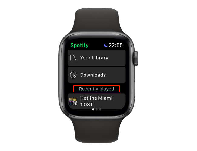 Open the Spotify app on Apple Watch and swipe left till you are on the "Recently Played" screen.