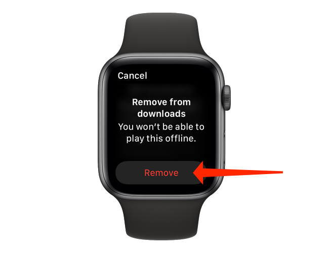Select the song or podcast you wish to delete and then tap "Remove" in the Downloads page in Spotify's Apple Watch app.