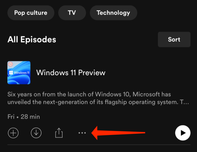 For podcasts on Spotify, the three-dots icon appears below the description and duration of each episode.