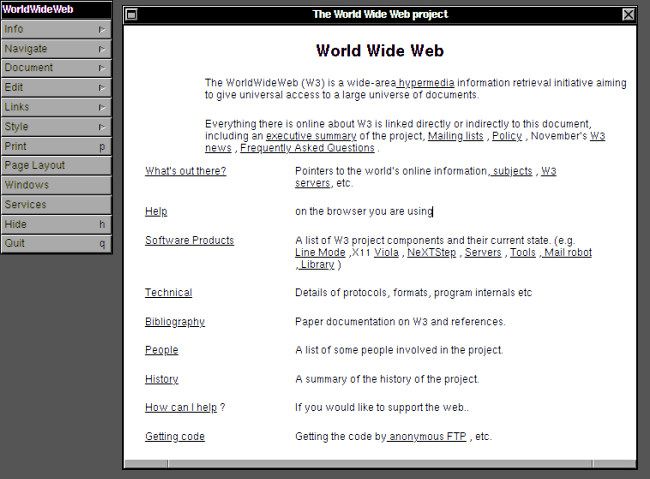 The first website running in the WorldWideWeb browser on NeXTSTEP.