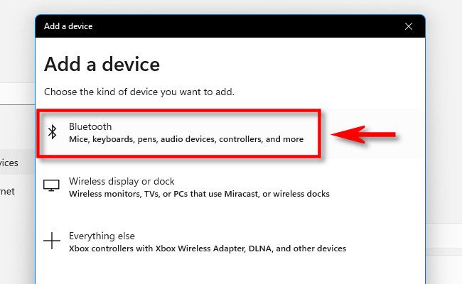 In the "Add a Device" window, click "Bluetooth."