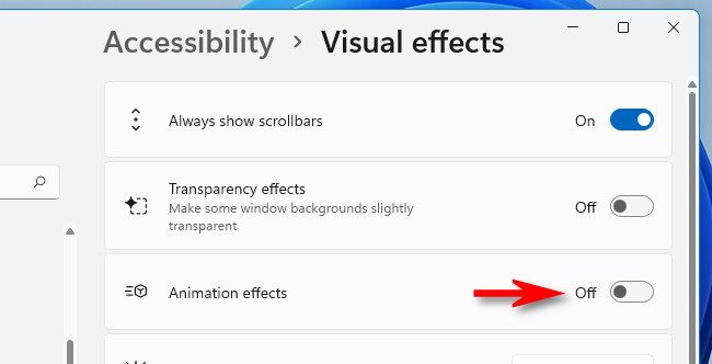 In Visual Effects settings, switch "Animation Effects" to "Off."