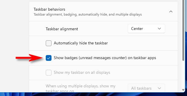 Place a check mark beside "Show badges (unread messages counter) on taskbar apps."