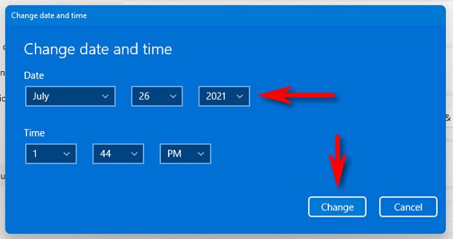 Change the time and date with the drop-down menus, then click "Change."