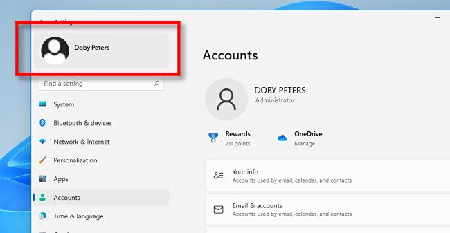 Accounts in Windows 11 Settings.
