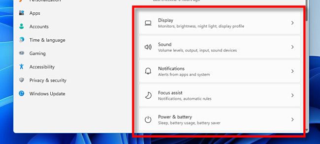 Submenu buttons in Windows 11 Settings.
