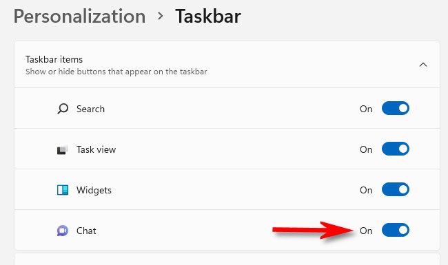 In Personalization > Taskbar, switch "Chat" to "On."