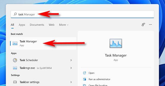 Search for "task manager" in Start and click its icon to launch.