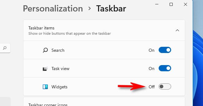 In Settings > Personalization > Taskbar >Taskbar Items, flip the switch beside "Widgets" to "Off."