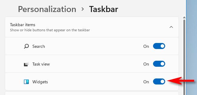 You can turn off or turn on the Windows 11 Widgets taskbar button in Settings > Personalization > Taskbar.