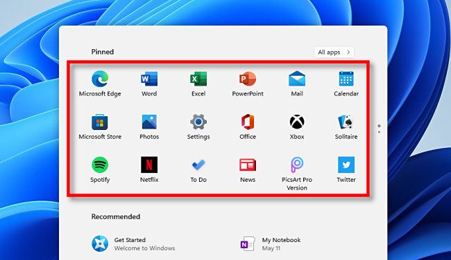 Pinned apps on the Windows 11 Start menu.