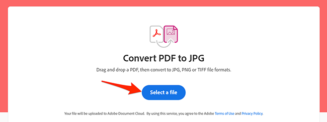 Click "Select a File" on Adobe's online PDF to JPG conversion web page.