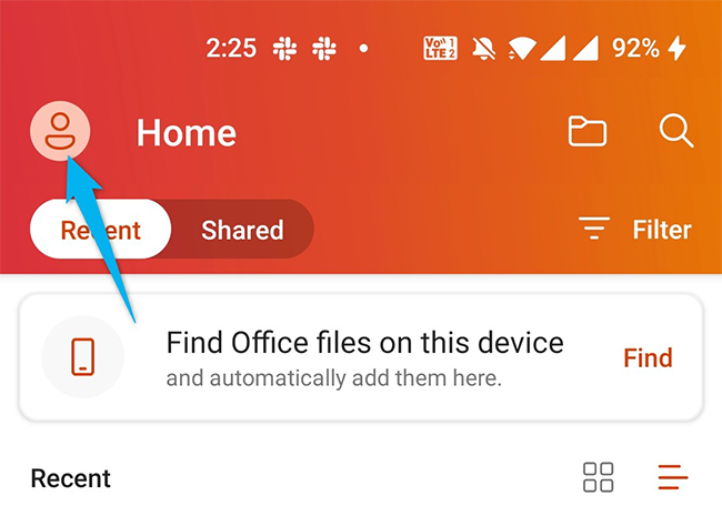 Tap the user icon in the Microsoft Office app.