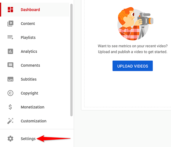 Click "Settings" on the YouTube Studio site.