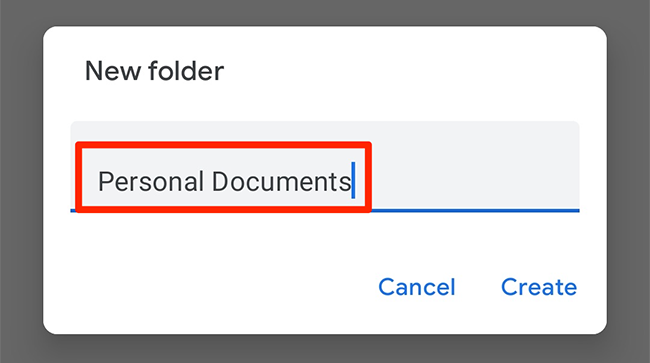 Type a new folder name and tap "Create" in the "New Folder" prompt of the Google Docs app.
