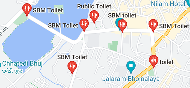 Public restrooms highlighted on a map on the Google Maps site.