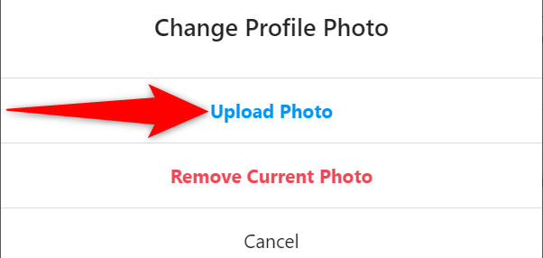 Select "Upload Photo" in the "Change Profile Photo" prompt on the Instagram site.