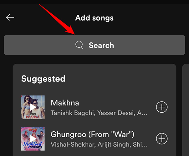 Tap "Search" on the "Add Songs" page in the Spotify app.