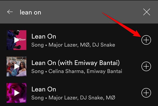 Tap "+" next to a song in the Spotify app.