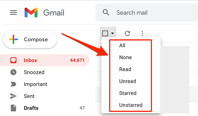 Select emails by their status in Gmail.